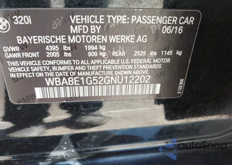 2016 BMW 320I из США, поврежденный, VIN WBA8E1G52GNU12202